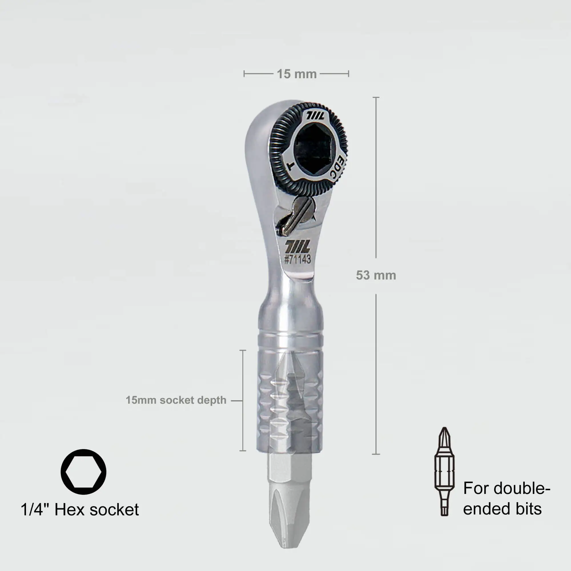 711L Mini Ratchet Wrench TG with overlay dimensions of 53 mm overall length and 15 mm socket depth