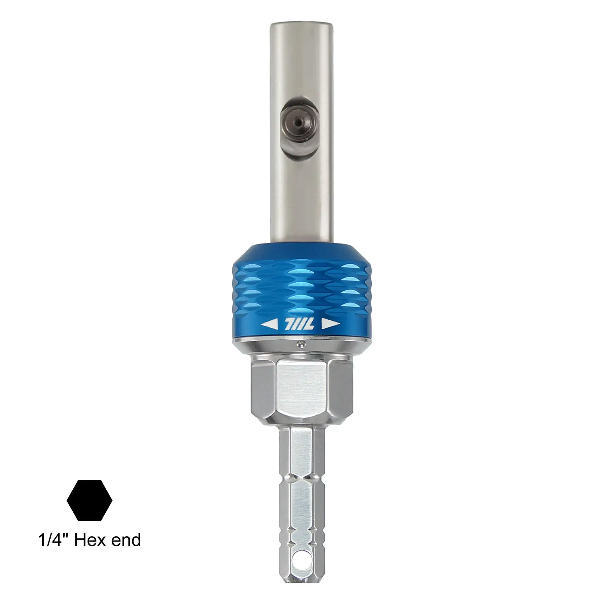 Product shot of the 711L inline ratchet driver HEX in blue and silver on a white background, showing the 1/4" hex end